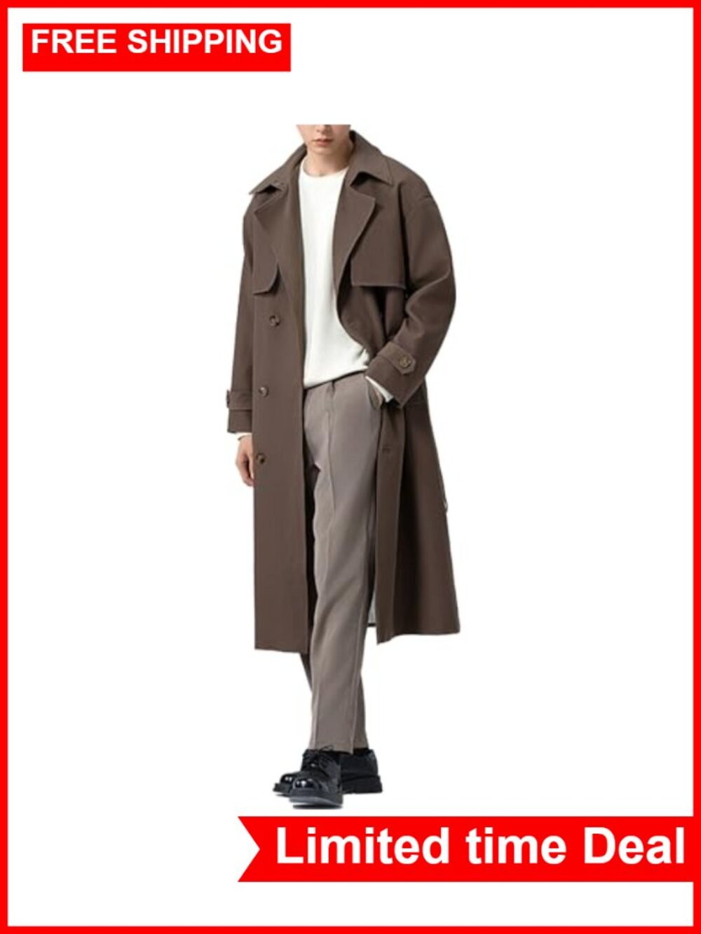 Men's Cotton Blend Trench Coat Long Double Breasted Overcoat